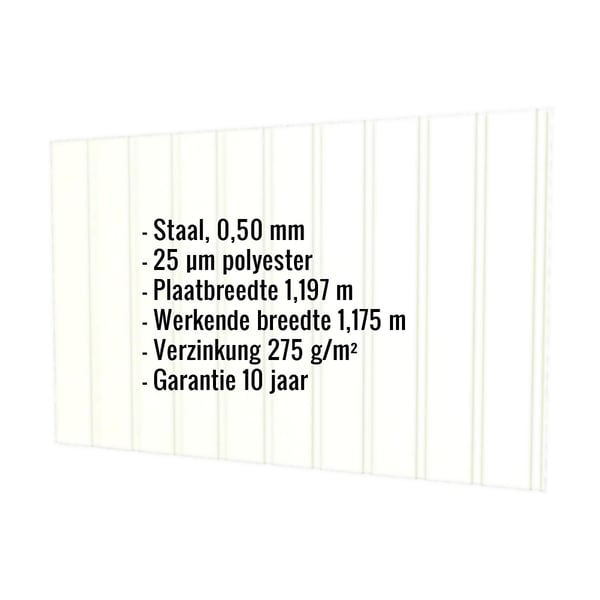 Damwandplaat T7M wand, Grijswit RAL 9002, met ingebedde specificaties voor materiaal, dikte en coating