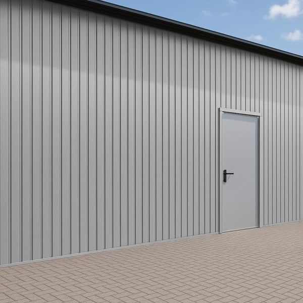 Damwandplaat T7M wand Zilver-Metallic, 0,50 mm dikte, gemonteerd aan een gebouwwand met deur