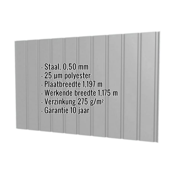 Damwandplaat T7M wand, 0,50 mm, RAL9007, met ingebedde productgegevens