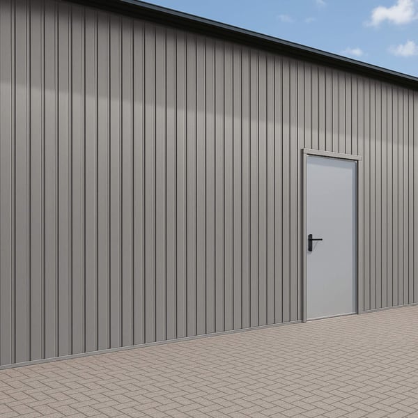 Damwandplaat T7M wand, 0,50 mm, RAL9007, gemonteerd aan een gebouwwand met deur