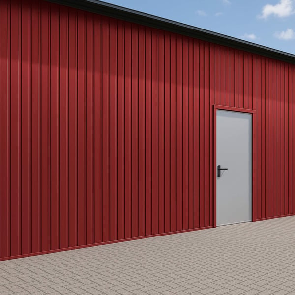 Damwandplaat T7M wand kersrood, 0,75 mm, als gevelbekleding met deur aan een gebouw