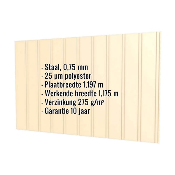 Damwandplaat T7M wand licht ivoorkleurig met ingebedde specificaties voor materiaal, dikte en coating