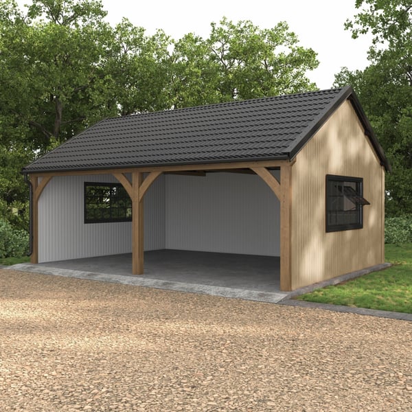 Toepassingsvoorbeeld: carport met zijwandbekleding van witte damwandplaat en houten constructie