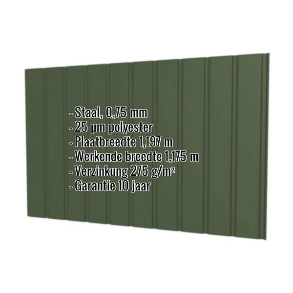 Damwandplaat T7M wand Chroomoxydegroen, 0,75 mm, met ingebedde productgegevens over materiaal en coating
