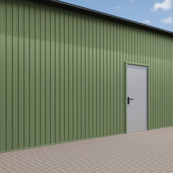 Damwandplaat T7M wand Resedagroen als gevelbekleding met deur, 0,75 mm dikte