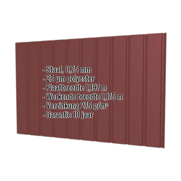Damwandplaat T7M wand, Roodbruin RAL 8012, 0,75 mm dikte, met ingebouwde productgegevens