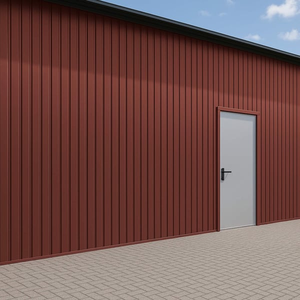 Damwandplaat T7M wand, Roodbruin RAL 8012, 0,75 mm, op een gebouwwand met deur