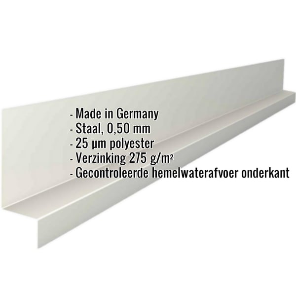 Plint Grijswit (RAL 9002) van staal 0,50 mm, 25 µm polyester, met ingebedde specificaties