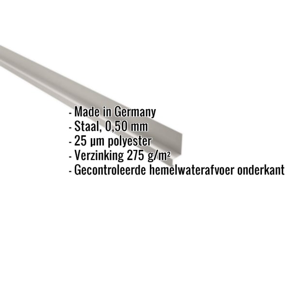 Sokkelprofiel staal Grijswit, 0,50 mm, met ingebedde productdetails over materiaal en coating