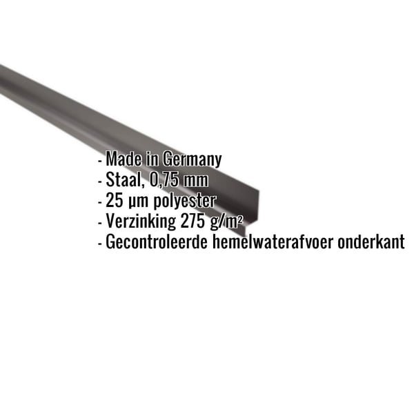Sokkelprofiel staal 0,75 mm Chocoladebruin RAL 8017, schuin van boven met ingebedde specificaties