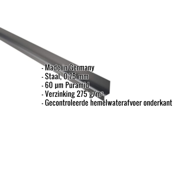 Plint antracietgrijs 0,75 mm staal met Puramid-coating en ingebedde productgegevens