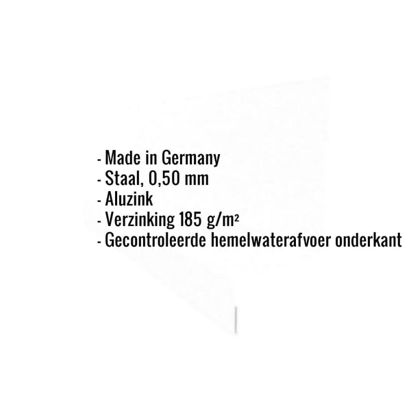 Infographic met specificaties: Made in Germany, staal 0,50 mm, Aluzink, verzinking 185 g/m², gecontroleerde hemelwaterafvoer