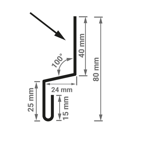 Technische tekening van sokkelprofiel Type 1 met afmetingen 40 mm, 24 mm, 25 mm, 15 mm en 100° hoek