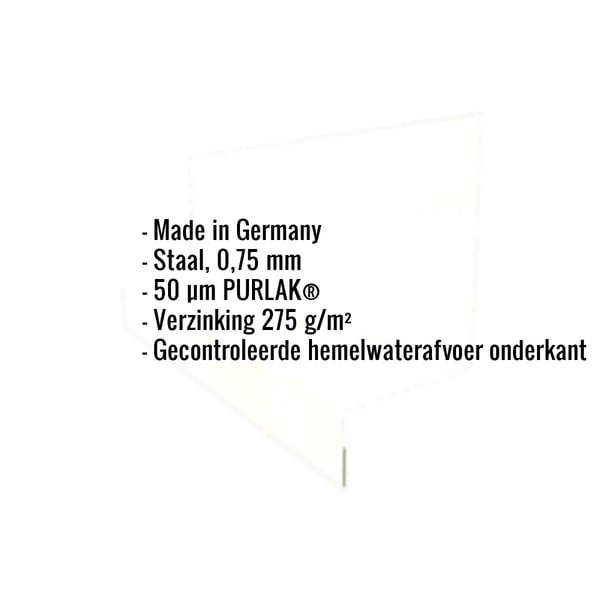 Opgesomde technische gegevens: Made in Germany, staal 0,75 mm, 50 µm PURLAK, verzinking 275 g/m², gecontroleerde
