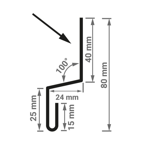 Technische tekening van sokkelprofiel Type 1 met afmetingen 40 mm, 24 mm, 25 mm, 15 mm, 80 mm en 100 graden hoek