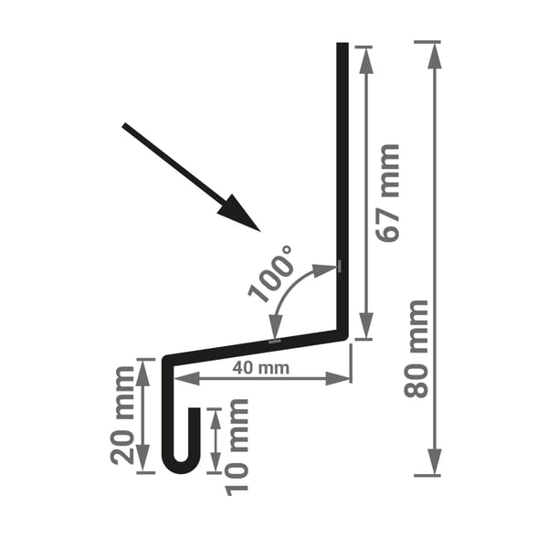 Technische tekening van de plint type 2 met afmetingen: 67 mm, 80 mm, 40 mm, 20 mm, 10 mm en 100° hoek