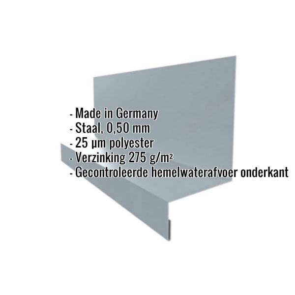 Plint Type 2 van staal, Pelsgrijs RAL 7000, met ingebedde specificaties zoals materiaal en coating