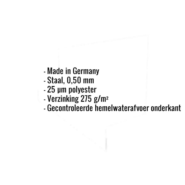 Infographic: Lijst met producteigenschappen zoals staal 0,50 mm, 25 µm polyestercoating en verzinking 275 g/m²