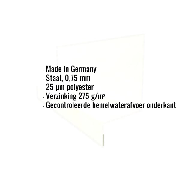 Infografiek: Lijst met specificaties van de plint, Made in Germany, staal 0,75 mm, 25 µm polyester