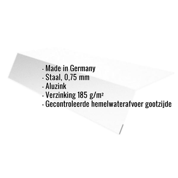 Dakgootprofiel Aluzink met ingebedde productgegevens over materiaal, dikte en coating