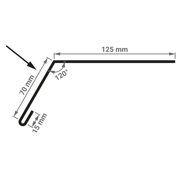 Technische tekening dakgootprofiel met afmetingen 125 mm, 70 mm, 15 mm en hoek 120 graden