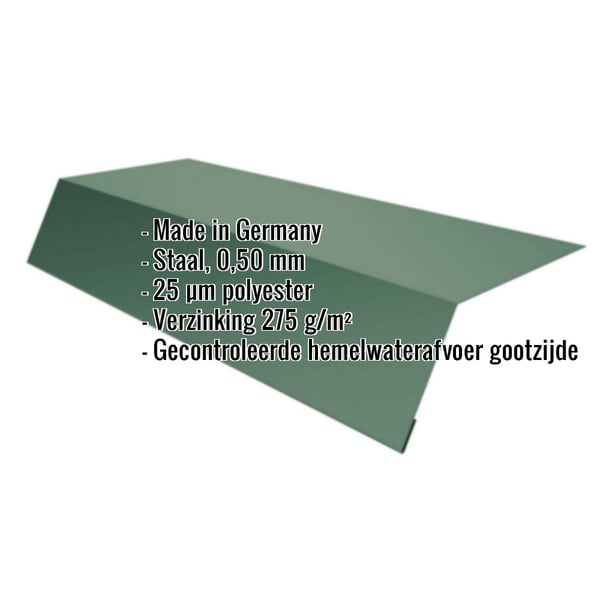 Dakgootprofiel mosgroen RAL 6005 met ingebedde specificaties over materiaal, dikte en coating