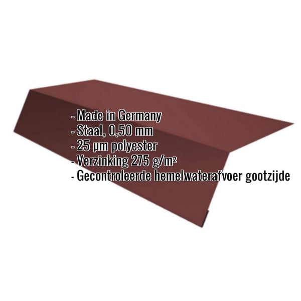 Dakgootprofiel staal 0,50 mm Roodbruin, met ingebedde productdetails zoals materiaal en coating