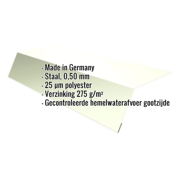 Dakgootprofiel Grijswit met ingebedde gegevens: materiaal, dikte, coating, verzinking, functie