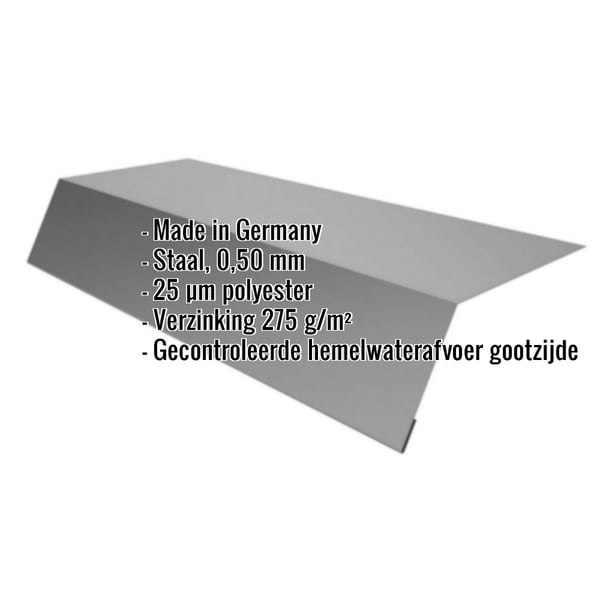 Dakgootprofiel van staal, 0,50 mm, RAL9007, met ingebedde specificaties