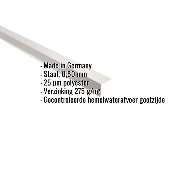 Dakgootprofiel Grijswit (RAL 9002) van staal, 0,50 mm dikte, met ingebedde specificaties