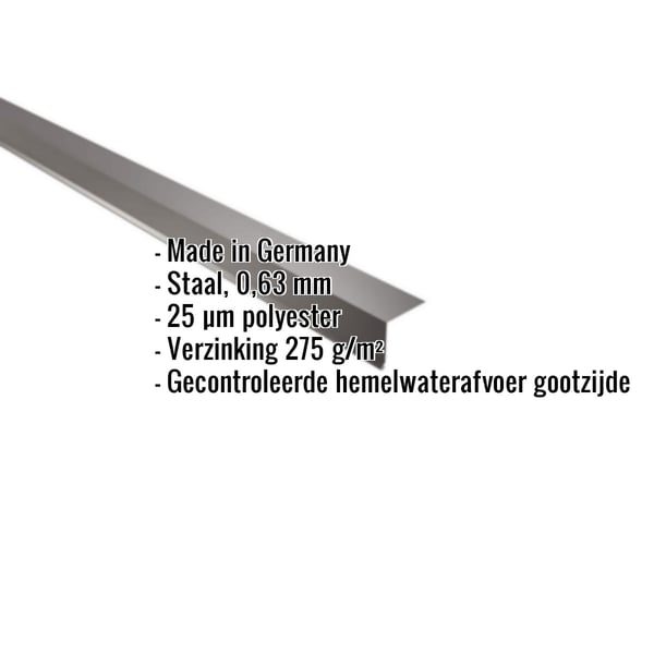 Dakgootprofiel van staal, 0,63 mm, met 25 µm polyestercoating, belangrijke gegevens weergegeven