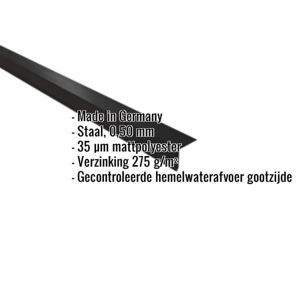 Dakgootprofiel staal 0,50 mm zwart, met ingebedde productgegevens over materiaal en coating