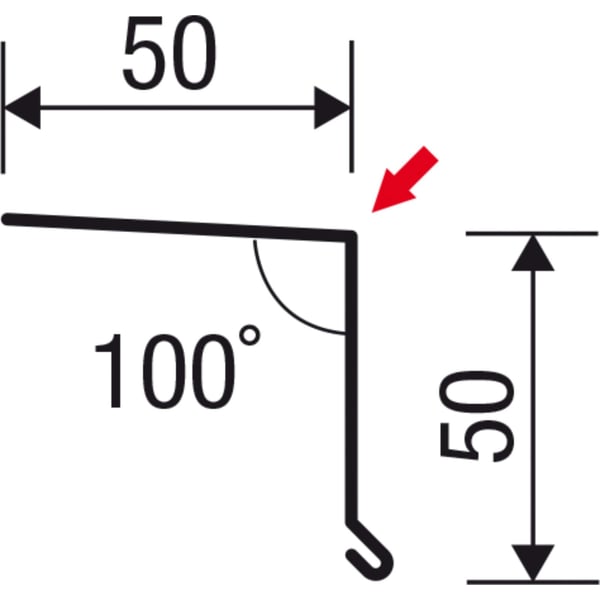 Technische tekening: Dakgootprofiel 50x50 mm, 100 graden hoek, 0,50 mm dikte