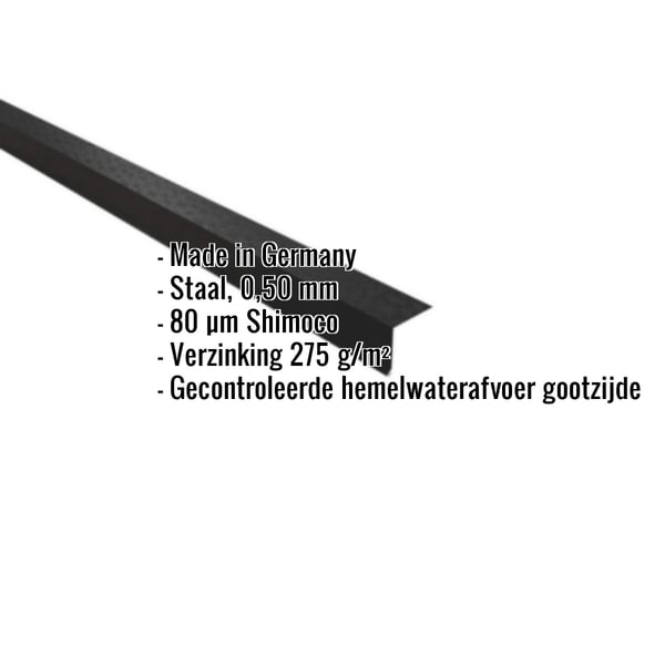 Dakgootprofiel Gitzwart RAL 9005 met ingebedde specificaties voor materiaal, dikte en coating