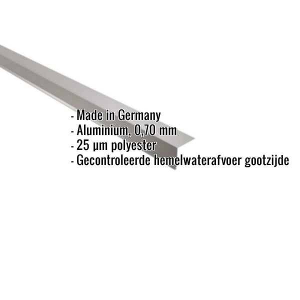 Dakgootprofiel aluminium 0,70 mm, grijs, met ingebedde productdetails over materiaal en coating