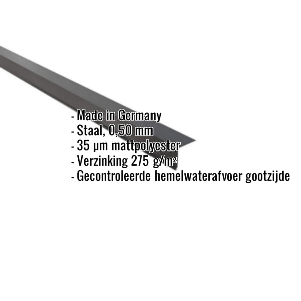 Dakgootprofiel van staal, 0,50 mm, donkergrijs, met ingebouwde specificaties zoals materiaal en coating