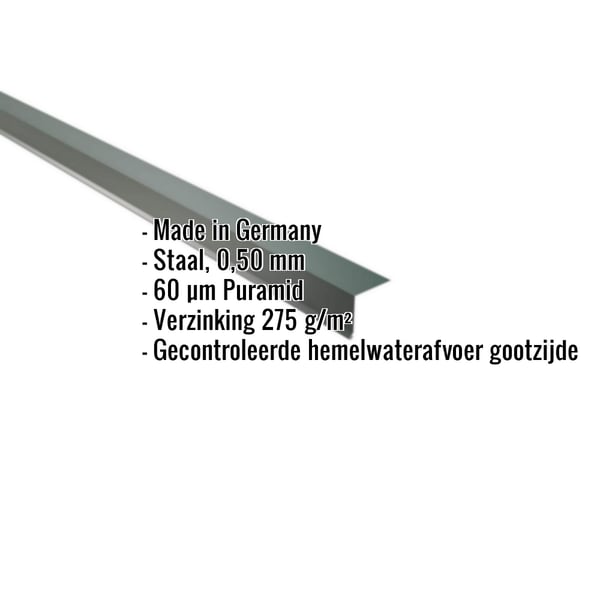 Dakgootprofiel mosgroen RAL 6005 met ingebedde gegevens over materiaal, dikte en coating