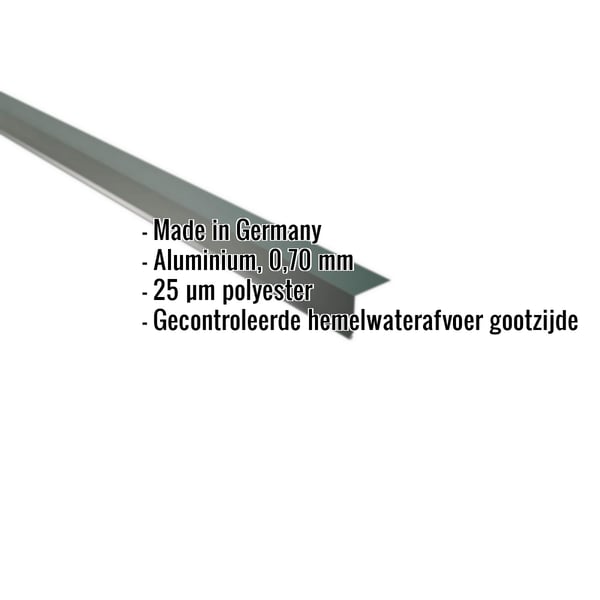 Dakgootprofiel mosgroen aluminium 0,70 mm met ingebedde productgegevens over materiaal en coating