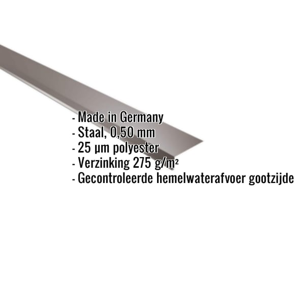 Dakgootprofiel Sepiabruin (RAL 8014) met ingebedde specificaties voor materiaal, dikte en coating