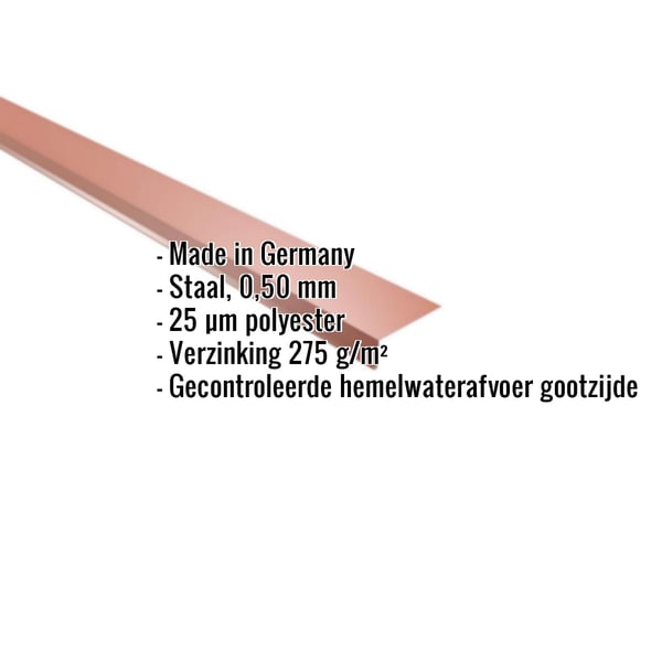 Dakgootprofiel koperbruin, 0,50 mm staal, met ingebedde specificaties over materiaal en coating