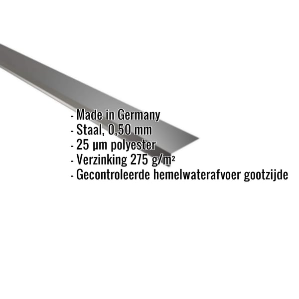 Dakgootprofiel Gitzwart RAL 9005 met ingebedde productdetails zoals materiaal, dikte en coating