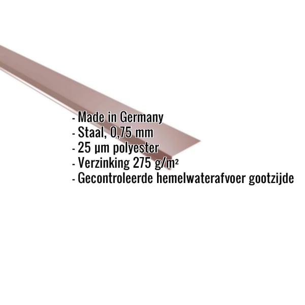 Dakgootprofiel Roodbruin (RAL 8012) met ingebedde specificaties voor materiaal, dikte en coating