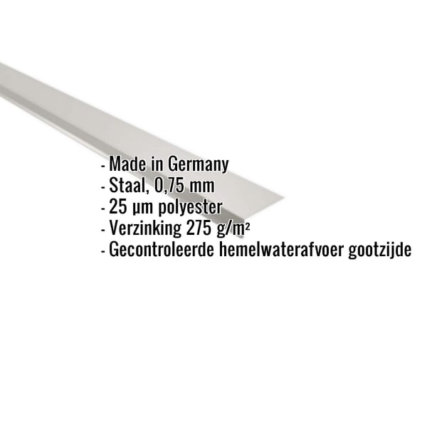 Dakgootprofiel Zilver-Metallic met 0,75 mm dikte en 25 µm polyestercoating, specificaties weergegeven