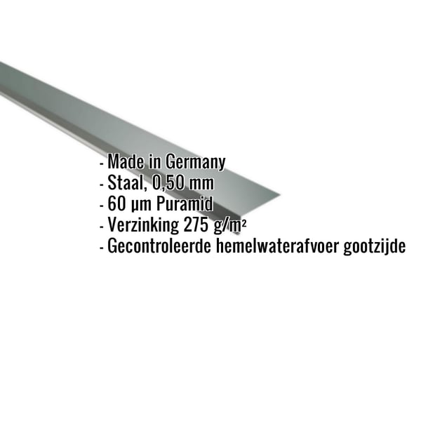 Dakgootprofiel mosgroen (RAL 6005) met Puramid-coating, kerngegevens weergegeven: staal 0,50 mm, Made in Germany