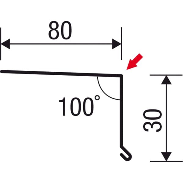 Technische tekening dakgootprofiel 80 x 30 mm, 100 graden hoek