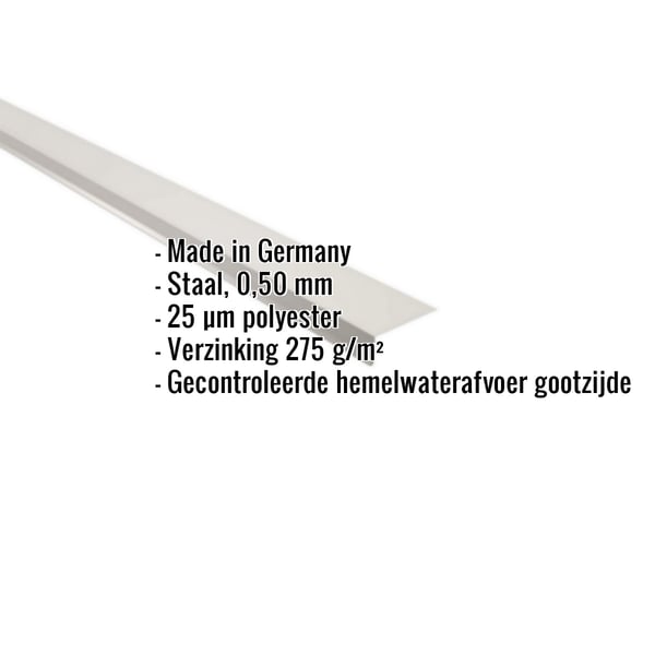 Dakgootprofiel Grijswit RAL 9002 staal 0,50 mm met 25 µm polyestercoating, specificaties weergegeven