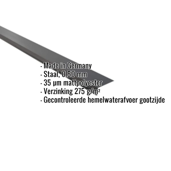 Dakgootprofiel 8x3 cm donkergrijs, 0,50 mm staal met 35 µm matpolyester coating, specificaties getoond