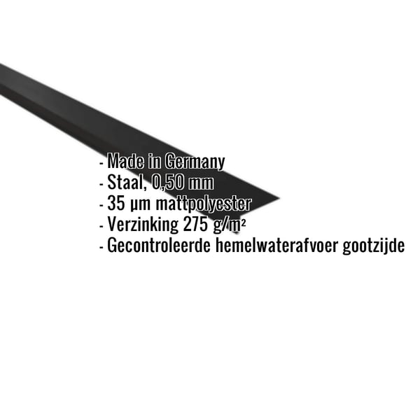 Dakgootprofiel 0,50 mm staal zwart, schuin van boven met ingebedde gegevens