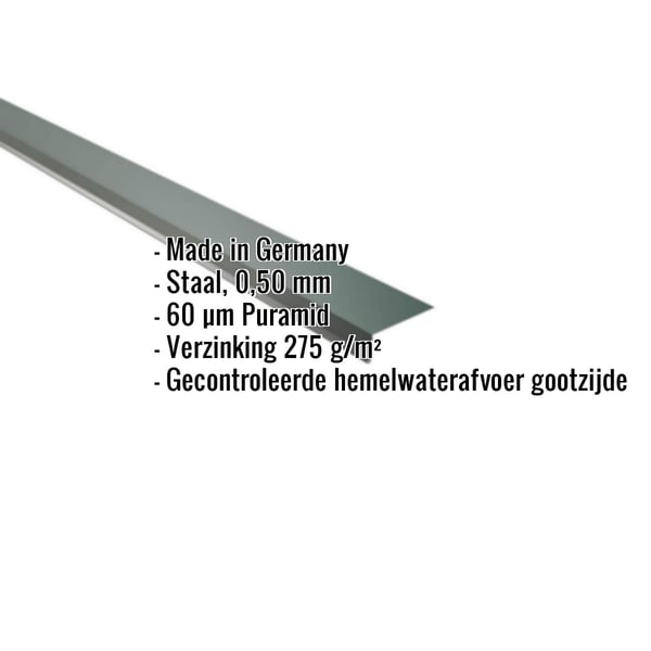 Dakrandprofiel mosgroen RAL 6005 met ingebedde specificaties over materiaal, dikte en coating
