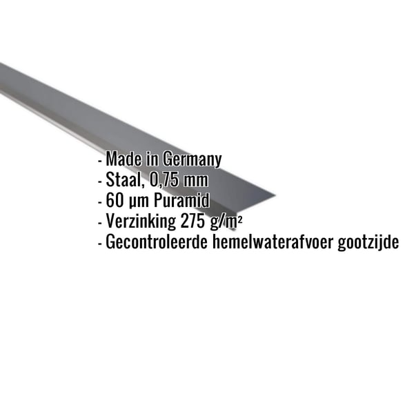 Dakgootprofiel antracietgrijs, 0,75 mm staal, 60 µm Puramid coating, met ingebedde specificaties